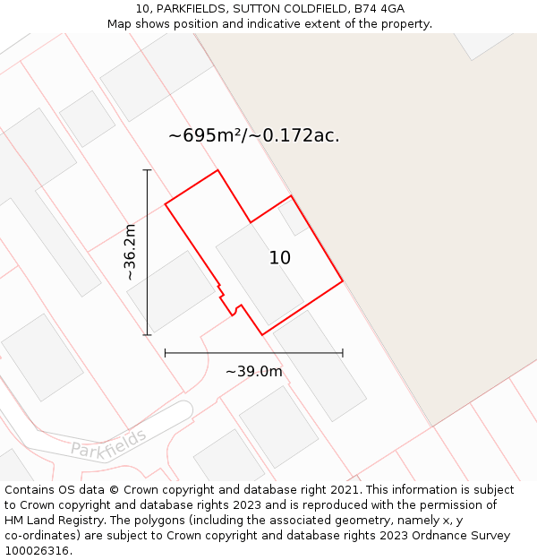 10, PARKFIELDS, SUTTON COLDFIELD, B74 4GA: Plot and title map