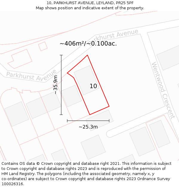 10, PARKHURST AVENUE, LEYLAND, PR25 5PF: Plot and title map