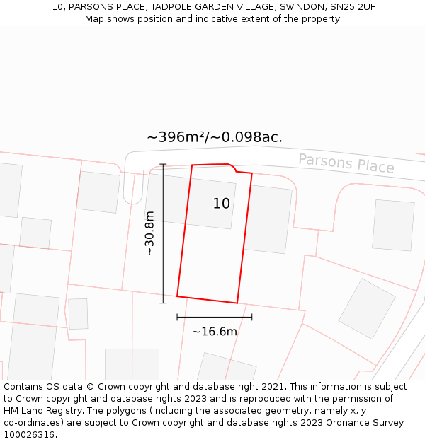 10, PARSONS PLACE, TADPOLE GARDEN VILLAGE, SWINDON, SN25 2UF: Plot and title map