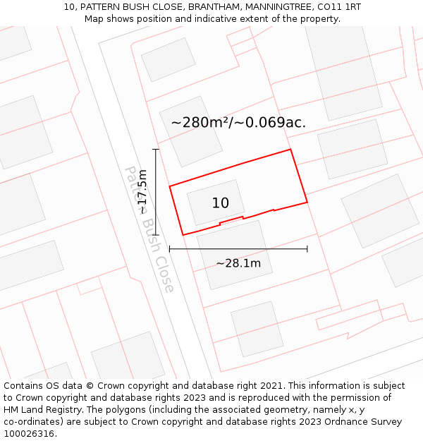 10, PATTERN BUSH CLOSE, BRANTHAM, MANNINGTREE, CO11 1RT: Plot and title map