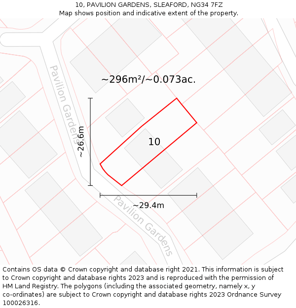 10, PAVILION GARDENS, SLEAFORD, NG34 7FZ: Plot and title map