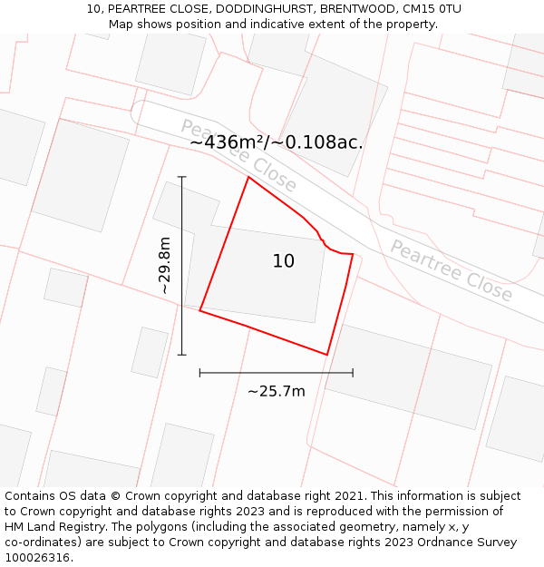 10, PEARTREE CLOSE, DODDINGHURST, BRENTWOOD, CM15 0TU: Plot and title map