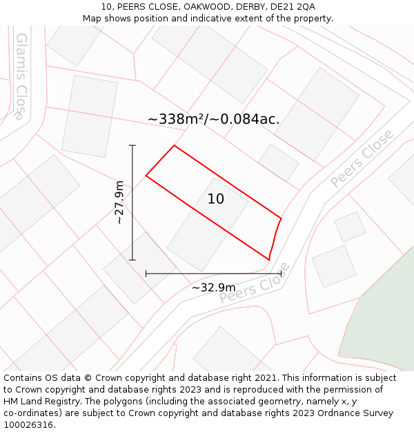 10, PEERS CLOSE, OAKWOOD, DERBY, DE21 2QA: Plot and title map