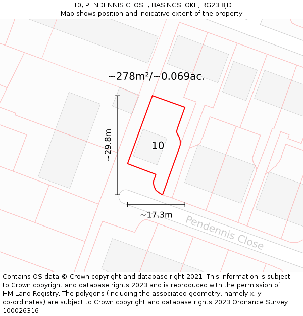 10, PENDENNIS CLOSE, BASINGSTOKE, RG23 8JD: Plot and title map