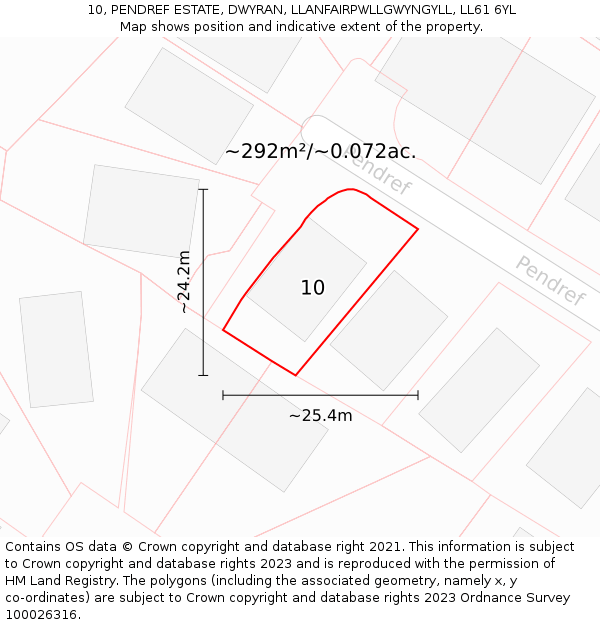 10, PENDREF ESTATE, DWYRAN, LLANFAIRPWLLGWYNGYLL, LL61 6YL: Plot and title map