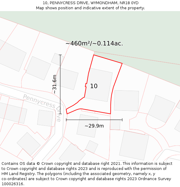 10, PENNYCRESS DRIVE, WYMONDHAM, NR18 0YD: Plot and title map