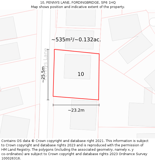10, PENNYS LANE, FORDINGBRIDGE, SP6 1HQ: Plot and title map