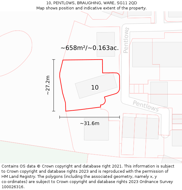 10, PENTLOWS, BRAUGHING, WARE, SG11 2QD: Plot and title map