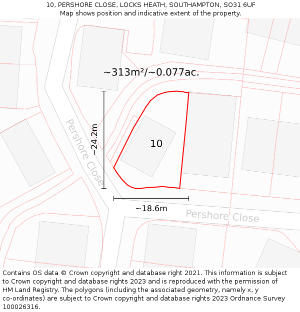 10, PERSHORE CLOSE, LOCKS HEATH, SOUTHAMPTON, SO31 6UF: Plot and title map