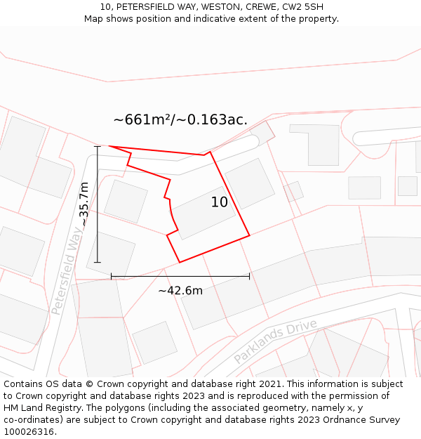 10, PETERSFIELD WAY, WESTON, CREWE, CW2 5SH: Plot and title map