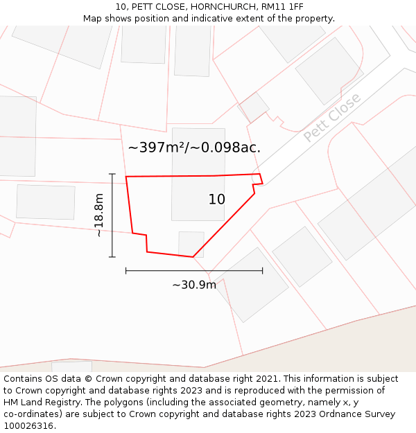 10, PETT CLOSE, HORNCHURCH, RM11 1FF: Plot and title map