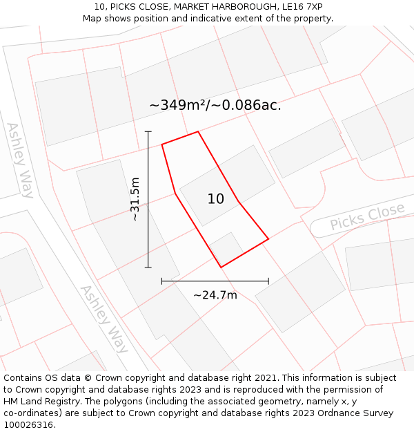 10, PICKS CLOSE, MARKET HARBOROUGH, LE16 7XP: Plot and title map