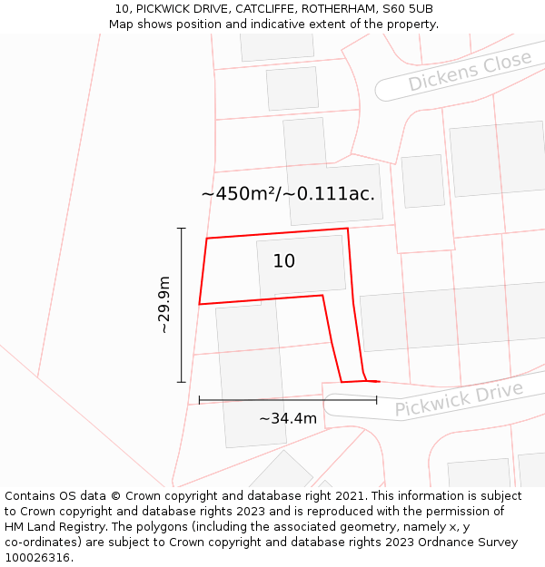 10, PICKWICK DRIVE, CATCLIFFE, ROTHERHAM, S60 5UB: Plot and title map