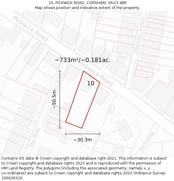 10, PICKWICK ROAD, CORSHAM, SN13 9BP: Plot and title map