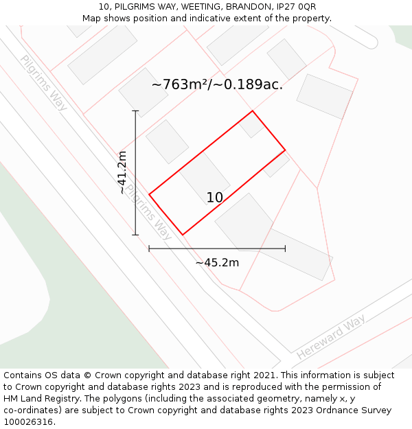 10, PILGRIMS WAY, WEETING, BRANDON, IP27 0QR: Plot and title map