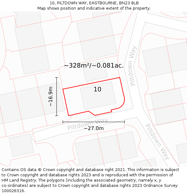 10, PILTDOWN WAY, EASTBOURNE, BN23 8LB: Plot and title map