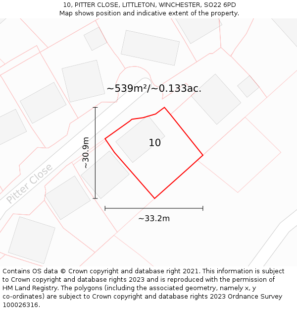 10, PITTER CLOSE, LITTLETON, WINCHESTER, SO22 6PD: Plot and title map