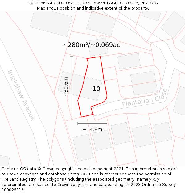 10, PLANTATION CLOSE, BUCKSHAW VILLAGE, CHORLEY, PR7 7GG: Plot and title map