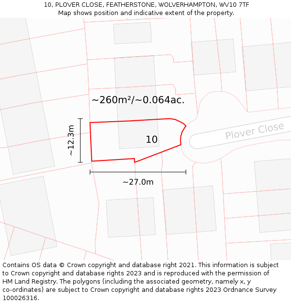 10, PLOVER CLOSE, FEATHERSTONE, WOLVERHAMPTON, WV10 7TF: Plot and title map
