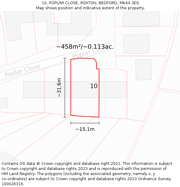 10, POPLAR CLOSE, ROXTON, BEDFORD, MK44 3EG: Plot and title map