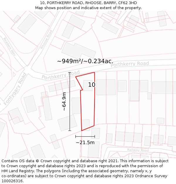 10, PORTHKERRY ROAD, RHOOSE, BARRY, CF62 3HD: Plot and title map