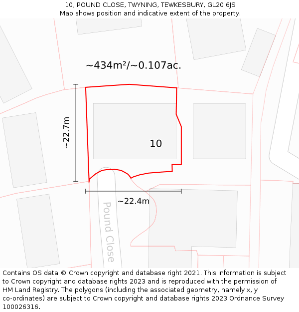 10, POUND CLOSE, TWYNING, TEWKESBURY, GL20 6JS: Plot and title map