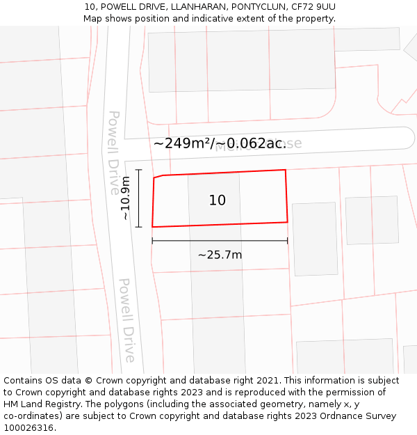 10, POWELL DRIVE, LLANHARAN, PONTYCLUN, CF72 9UU: Plot and title map