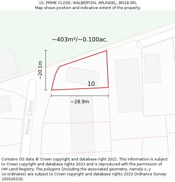 10, PRIME CLOSE, WALBERTON, ARUNDEL, BN18 0PL: Plot and title map