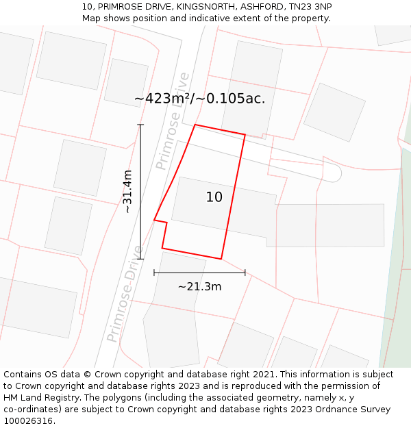 10, PRIMROSE DRIVE, KINGSNORTH, ASHFORD, TN23 3NP: Plot and title map
