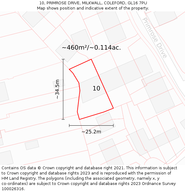 10, PRIMROSE DRIVE, MILKWALL, COLEFORD, GL16 7PU: Plot and title map