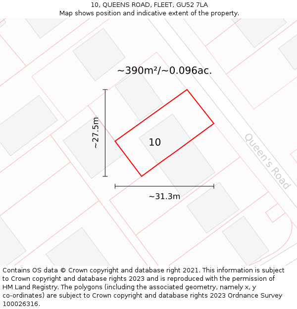 10, QUEENS ROAD, FLEET, GU52 7LA: Plot and title map