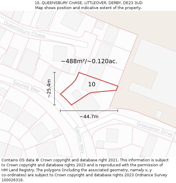 10, QUEENSBURY CHASE, LITTLEOVER, DERBY, DE23 3UD: Plot and title map