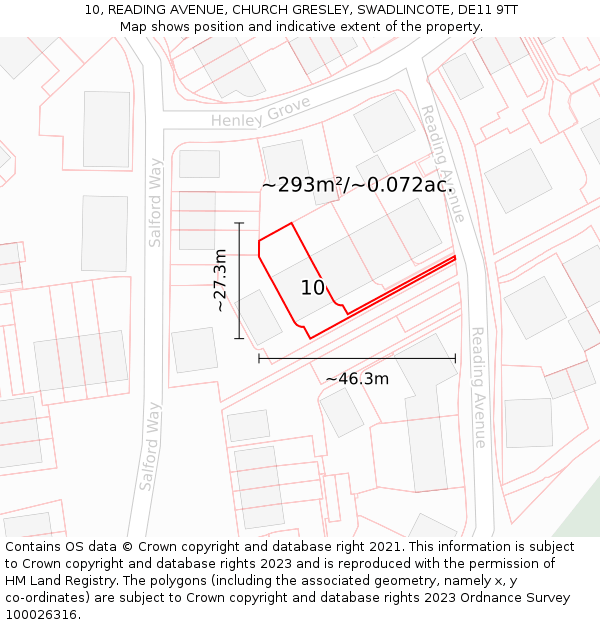 10, READING AVENUE, CHURCH GRESLEY, SWADLINCOTE, DE11 9TT: Plot and title map