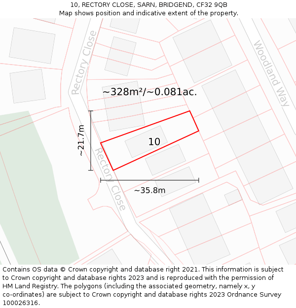 10, RECTORY CLOSE, SARN, BRIDGEND, CF32 9QB: Plot and title map