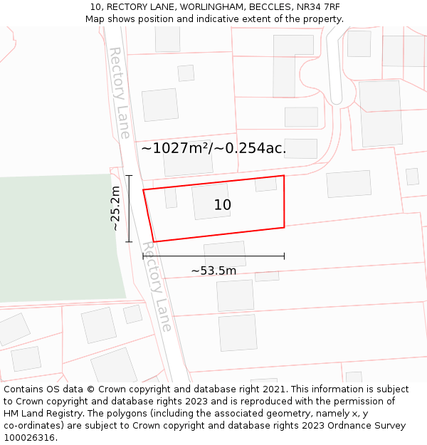 10, RECTORY LANE, WORLINGHAM, BECCLES, NR34 7RF: Plot and title map