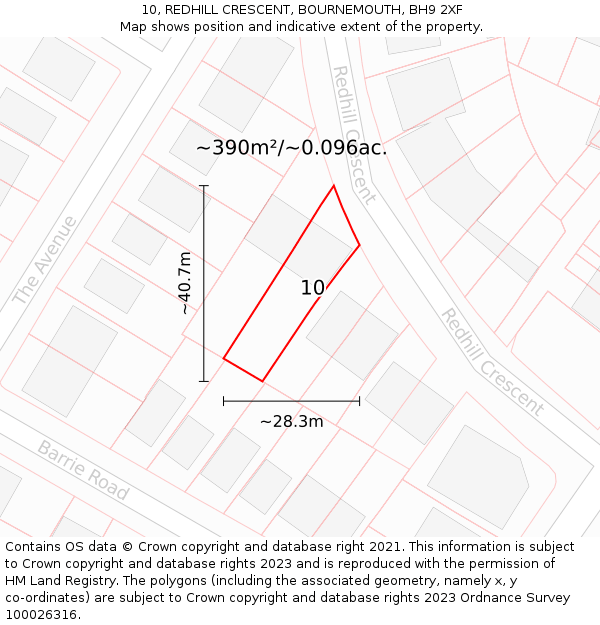 10, REDHILL CRESCENT, BOURNEMOUTH, BH9 2XF: Plot and title map