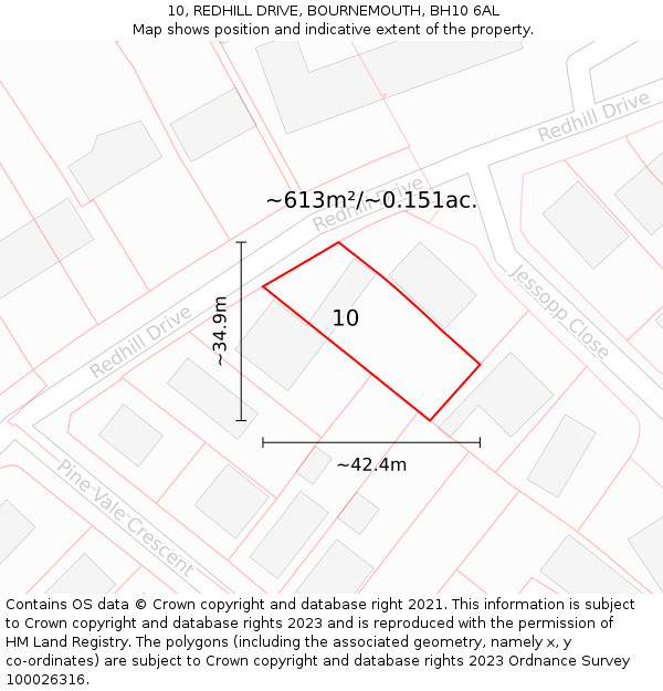 10, REDHILL DRIVE, BOURNEMOUTH, BH10 6AL: Plot and title map