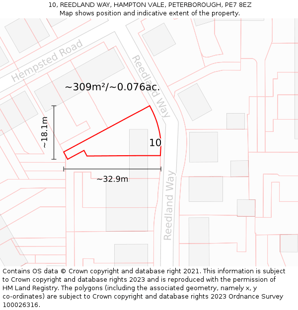 10, REEDLAND WAY, HAMPTON VALE, PETERBOROUGH, PE7 8EZ: Plot and title map