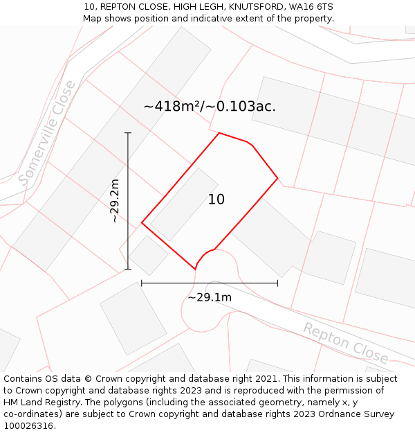 10, REPTON CLOSE, HIGH LEGH, KNUTSFORD, WA16 6TS: Plot and title map