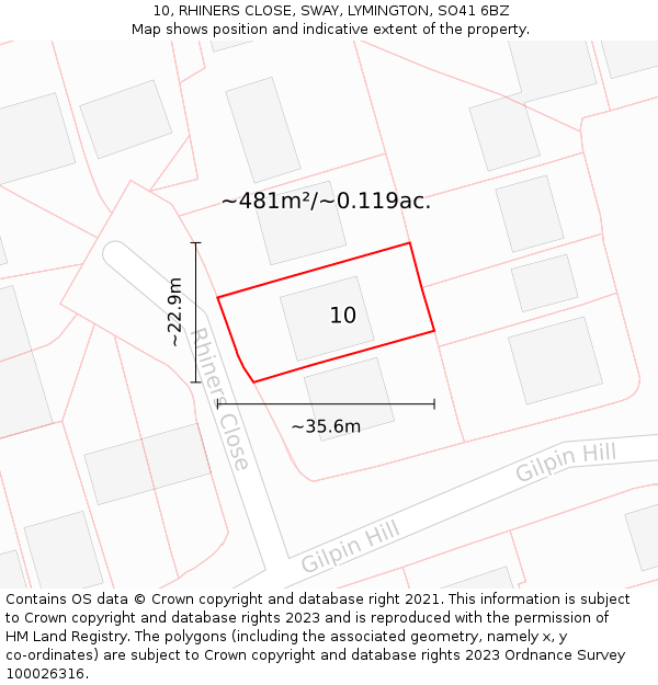 10, RHINERS CLOSE, SWAY, LYMINGTON, SO41 6BZ: Plot and title map