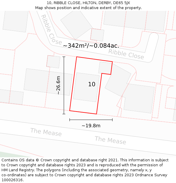 10, RIBBLE CLOSE, HILTON, DERBY, DE65 5JX: Plot and title map