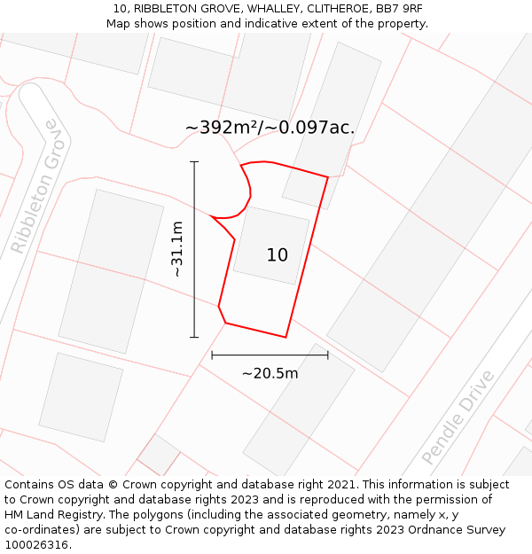 10, RIBBLETON GROVE, WHALLEY, CLITHEROE, BB7 9RF: Plot and title map