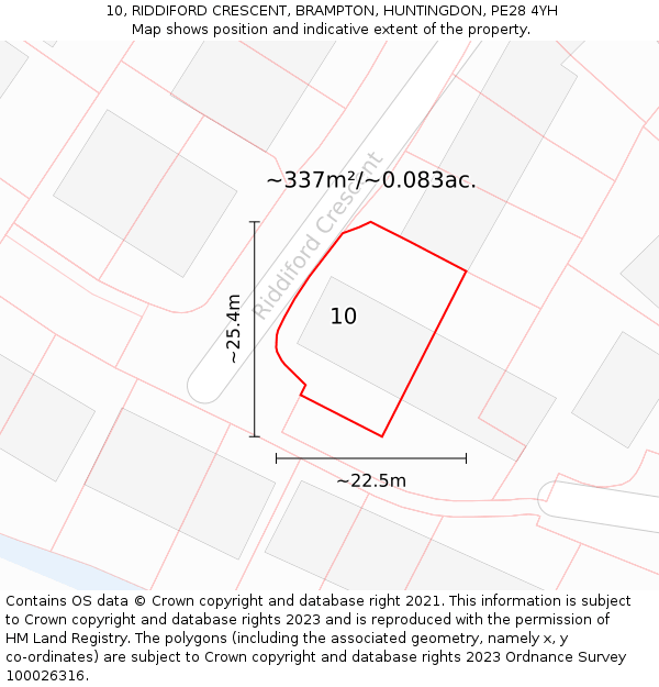 10, RIDDIFORD CRESCENT, BRAMPTON, HUNTINGDON, PE28 4YH: Plot and title map