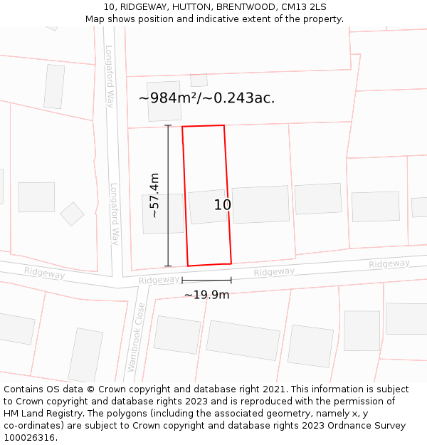 10, RIDGEWAY, HUTTON, BRENTWOOD, CM13 2LS: Plot and title map