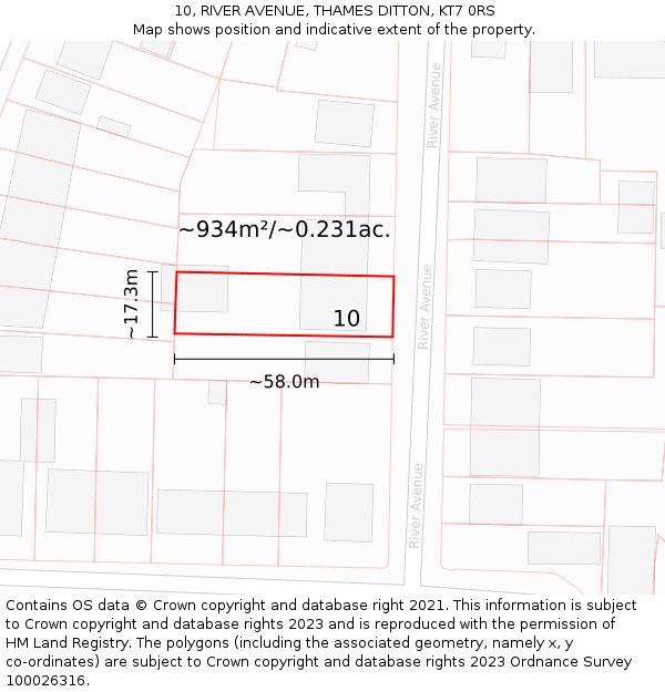 10, RIVER AVENUE, THAMES DITTON, KT7 0RS: Plot and title map