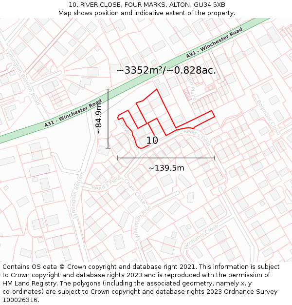 10, RIVER CLOSE, FOUR MARKS, ALTON, GU34 5XB: Plot and title map