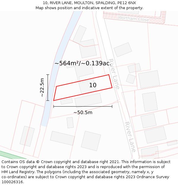 10, RIVER LANE, MOULTON, SPALDING, PE12 6NX: Plot and title map