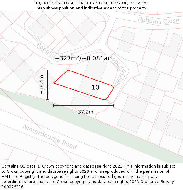 10, ROBBINS CLOSE, BRADLEY STOKE, BRISTOL, BS32 8AS: Plot and title map