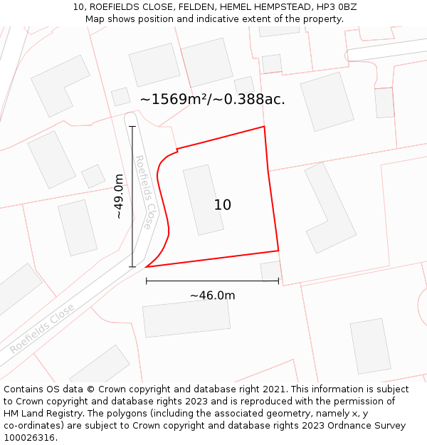 10, ROEFIELDS CLOSE, FELDEN, HEMEL HEMPSTEAD, HP3 0BZ: Plot and title map