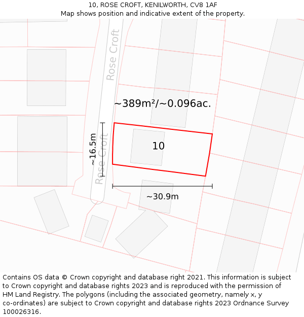 10, ROSE CROFT, KENILWORTH, CV8 1AF: Plot and title map